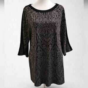 Susan Graver Slinky Knit Tunic Top, Womens XL, Black & Gray, Gold Details, Artsy